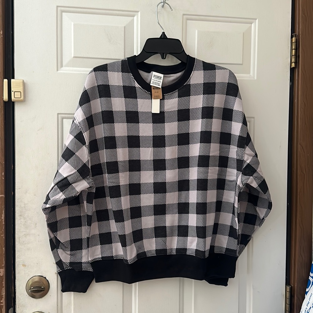 VICTORIA’S SECRET PINK LILAC/BLACK CHECKERED/PLAID CREWNECK SWEATSHIRT: NWT: XS